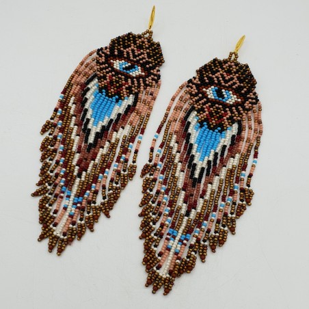 Lange beaded tassel oorbellen turkoois goudkleurig boze oog