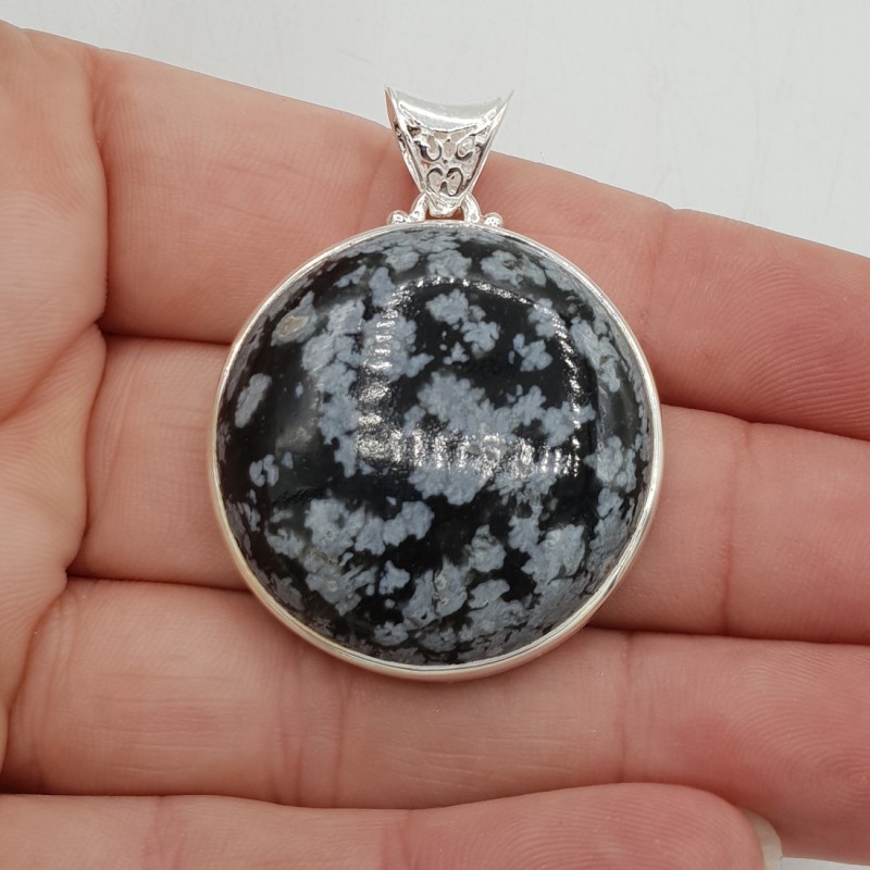 925 Sterling zilveren hanger ronde sneeuwvlok Obsidiaan