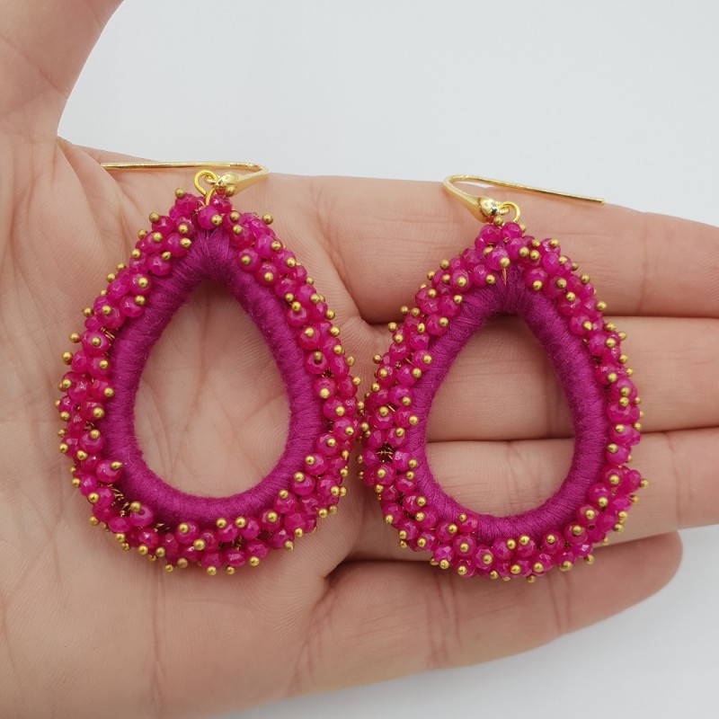 Vergulde glassberry oorbellen fuchsia roze