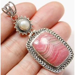 Zilveren edelsteen hanger Rhodochrosiet en Parel vintage setting