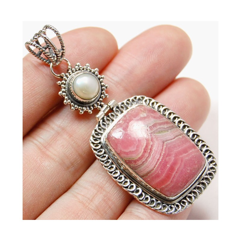 Zilveren edelsteen hanger Rhodochrosiet en Parel vintage setting