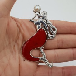 Zilveren hanger zeemeermin gezet met Koraal en Parel