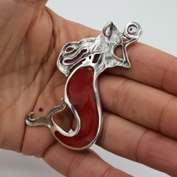 Zilveren hanger zeemeermin gezet met Koraal en Parel