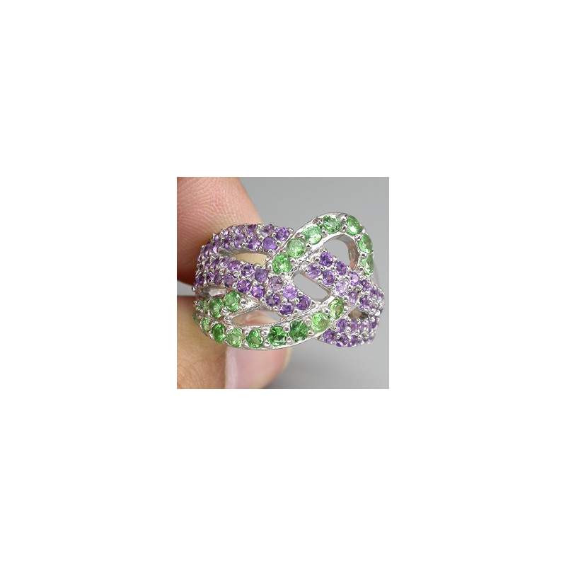 Zilveren edelsteen ring Tsavoriet en Amethist maat 17.3 mm