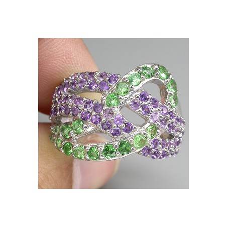 Zilveren edelsteen ring Tsavoriet en Amethist maat 17.3 mm