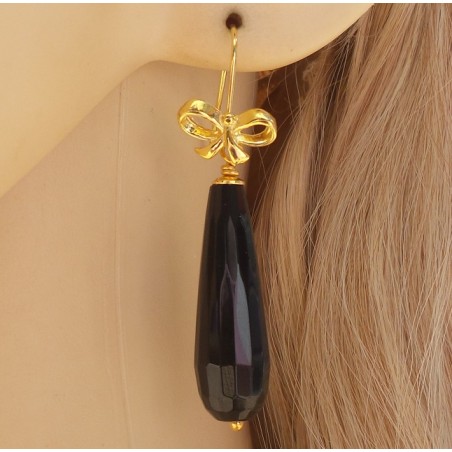 Vergulde oorbellen met smalle zwarte Onyx briolet