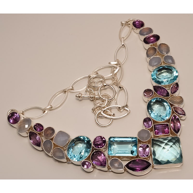 Zilveren edelsteen ketting Chalcedoon, Amethist en blauw Topaas