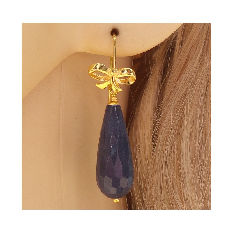 Vergulde oorbellen met blauwe Jade briolet