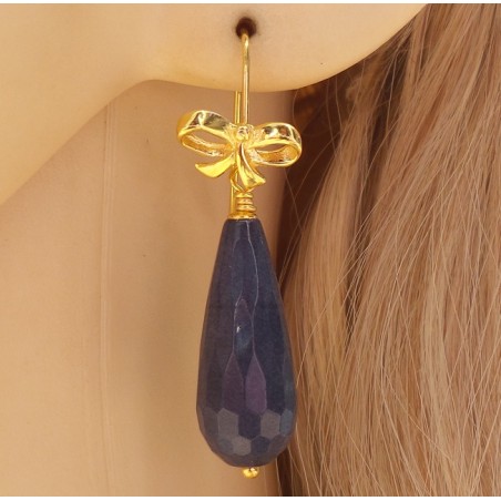 Vergulde oorbellen met blauwe Jade briolet