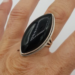 925 Sterling zilveren ring grote marquise zwarte Onyx 16.5 mm