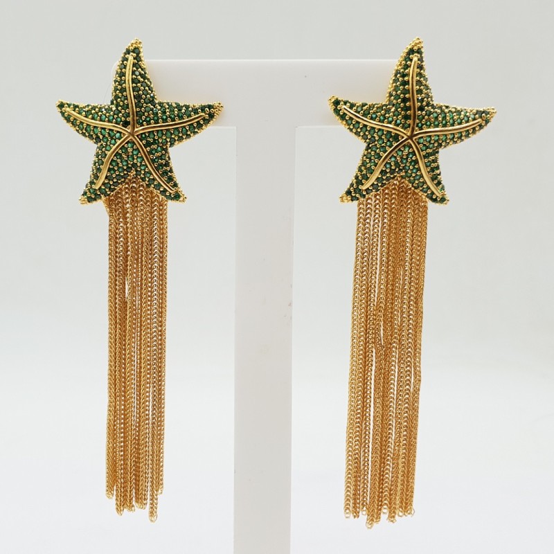 Vergulde oorbellen zeester met groene crystals