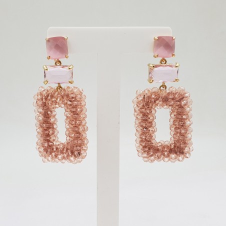Vergulde oorbellen met rechthoekige roze kristallen hanger en crystal
