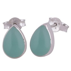 Zilveren oorknoppen gezet met druppelvormige aqua Chalcedoon