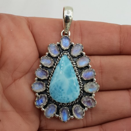 925 Zilveren hanger met larimar en regenboog Maansteen