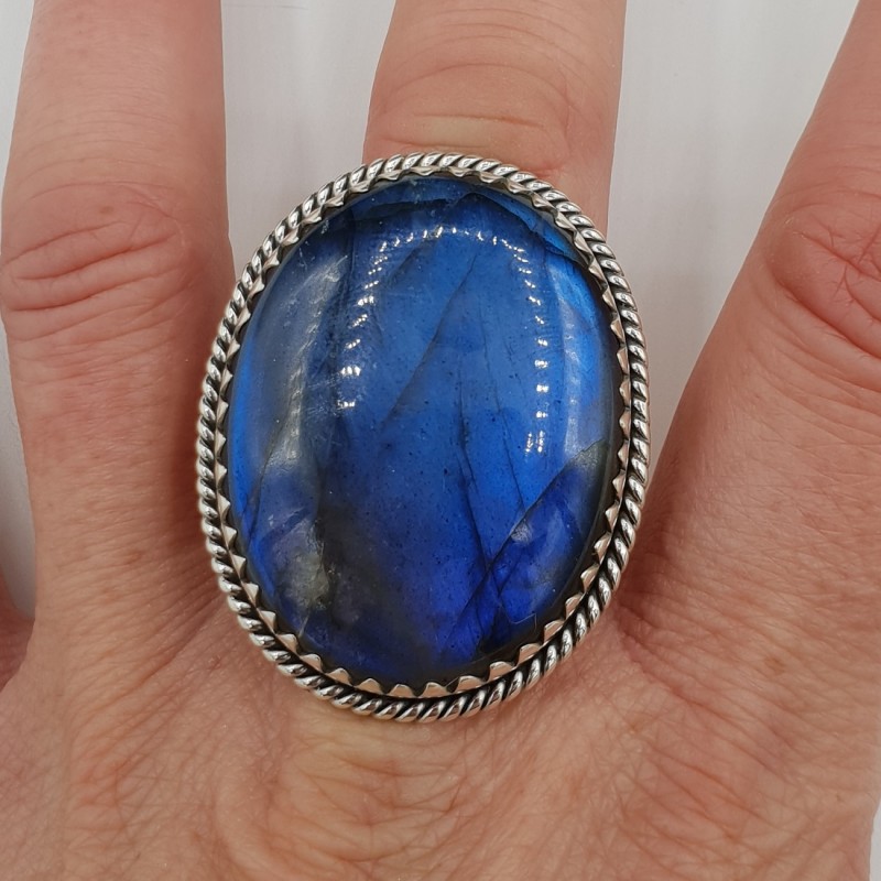 925 Sterling zilveren ring met brede ovale Labradoriet verstelbaar