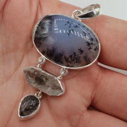 Zilveren hanger met Dendriet Opaal Herkimer diamant Toermalijnkwarts