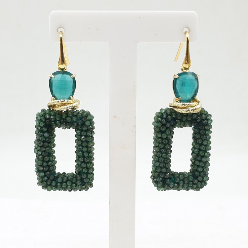 Vergulde oorbellen rechthoekige Emerald hanger en Kattenoog