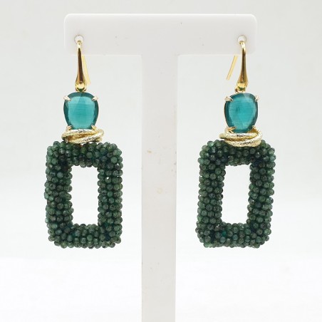 Vergulde oorbellen rechthoekige Emerald hanger en Kattenoog