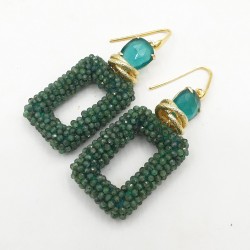 Vergulde oorbellen rechthoekige Emerald hanger en Kattenoog