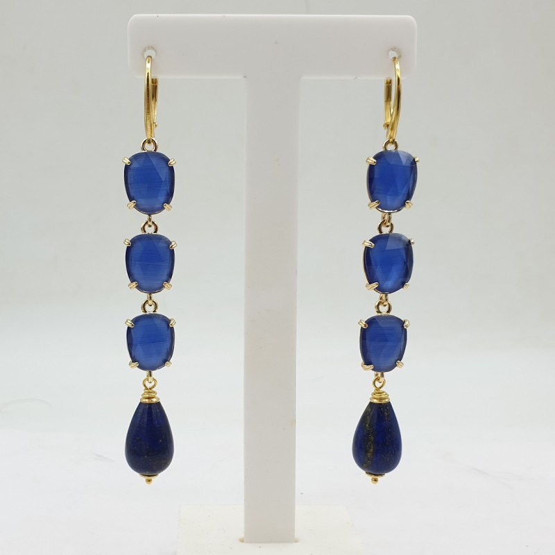 Vergulde oorbellen met Kattenoog en Lapis Lazuli