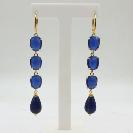 Vergulde oorbellen met Kattenoog en Lapis Lazuli