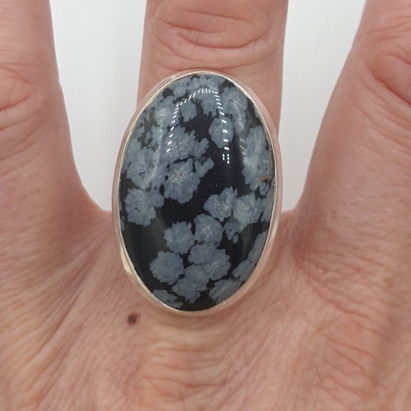 Zilveren ring met ovale sneeuwvlok Obsidiaan 19 mm