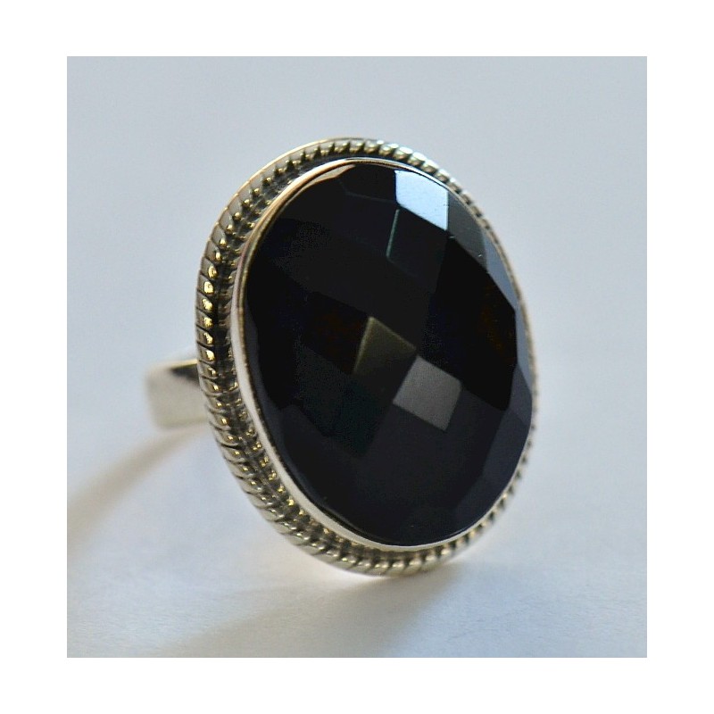 Zilveren edelsteen ring met facet zwarte Onyx ring maat 18 mm