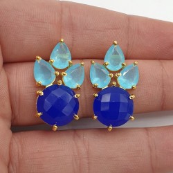 Vergulde oorbellen met aqua en blauw Chalcedoon