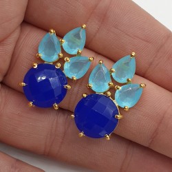 Vergulde oorbellen met aqua en blauw Chalcedoon
