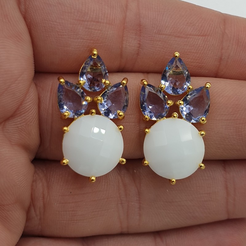 Vergulde oorbellen wit Chalcedoon en Amethist quartz