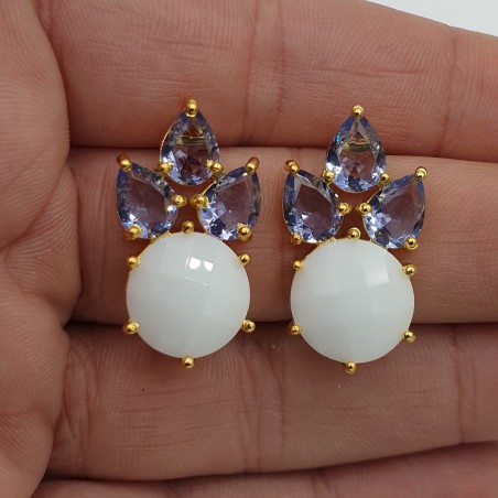 Vergulde oorbellen wit Chalcedoon en Amethist quartz