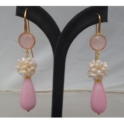 Vergulde oorbellen met roze Jade, parels en Chalcedoon