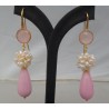 Vergulde oorbellen met roze Jade, parels en Chalcedoon