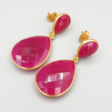 Vergulde oorbellen met fuchsia roze Chalcedoon