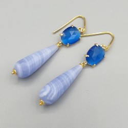 Vergulde oorbellen blauw Lace Agaat en Kattenoog