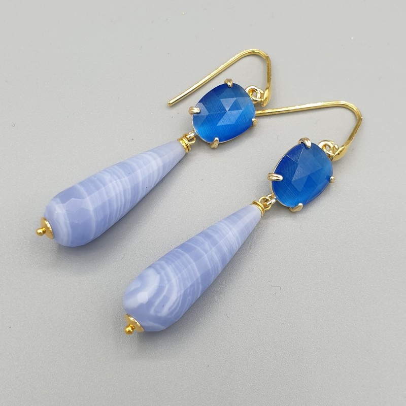 Vergulde oorbellen blauw Lace Agaat en Kattenoog