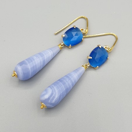 Vergulde oorbellen blauw Lace Agaat en Kattenoog