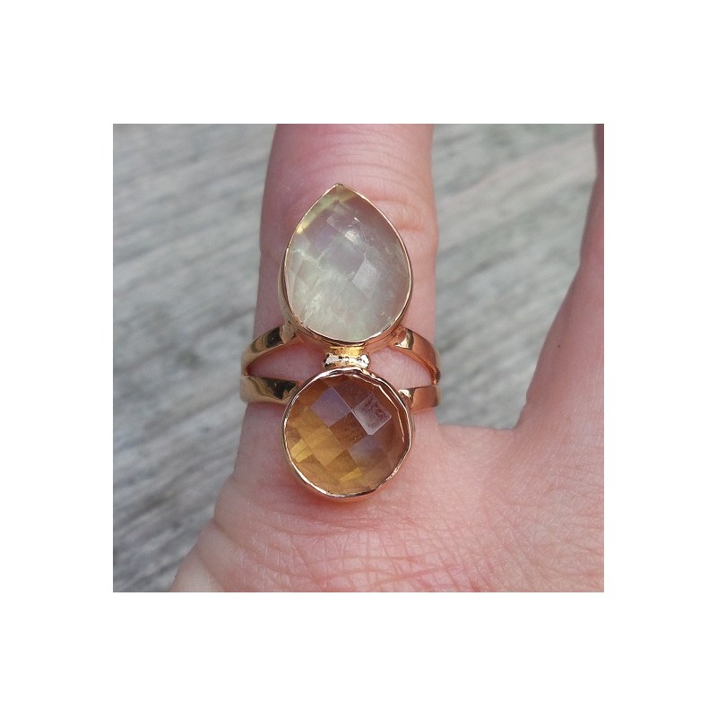 Rosé vergulde ring gezet met Lemon Topaas en Prehniet 16.5 mm