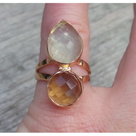 Rosé vergulde ring gezet met Lemon Topaas en Prehniet 16.5 mm