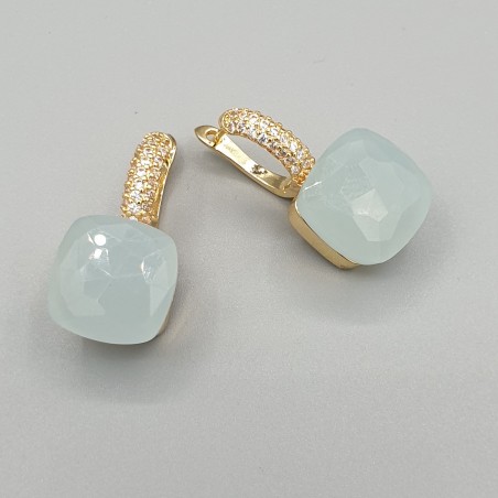 Vergulde oorbellen vierkante aqua blauw crystal