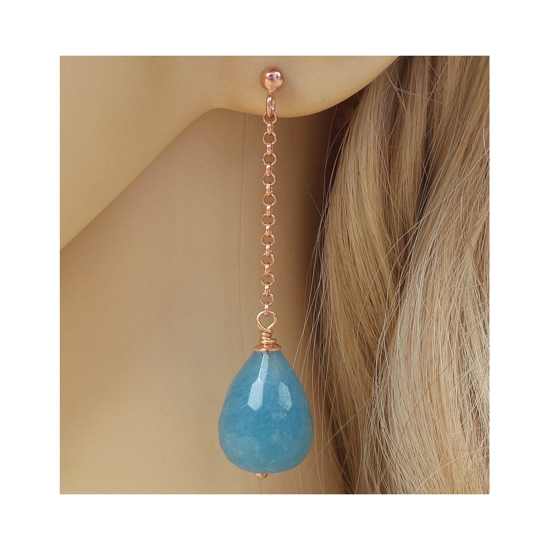Rosé vergulde oorbellen met blauwe Jade briolet
