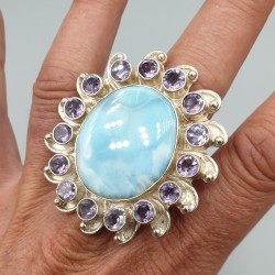 925 Sterling zilveren ring met Larimar en Amethist 19 mm