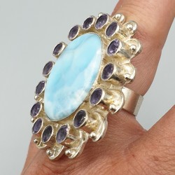 925 Sterling zilveren ring met Larimar en Amethist 19 mm