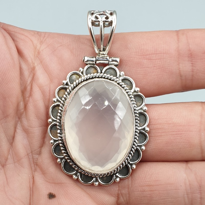 925 Sterling zilveren hanger ovale facet Rozenkwarts