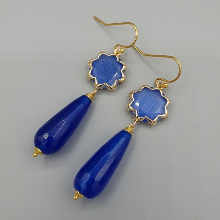 Vergulde oorbellen blauwe Jade en Kattenoog