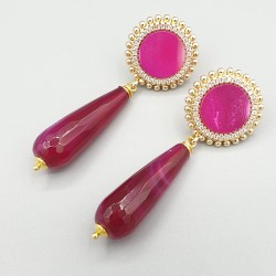 Vergulde oorbellen fuchsia roze Agaat en Botswana