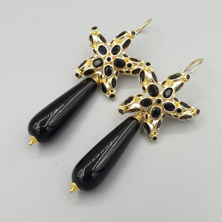 Vergulde oorbellen met zwarte Onyx en Crystals