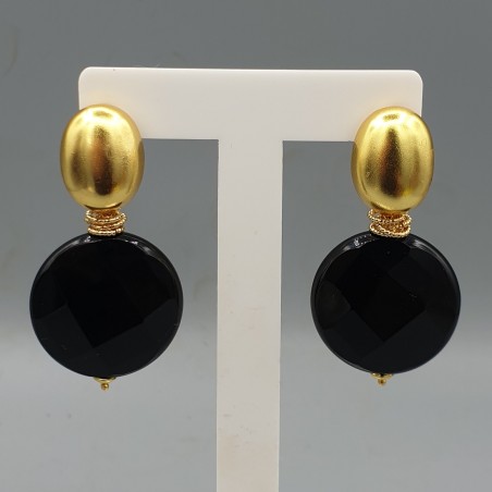 Vergulde oorbellen ronde zwarte facet Onyx