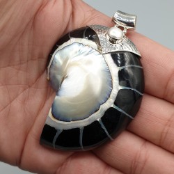 925 Sterling zilveren hanger Parel en zwarte Nautilus schelp