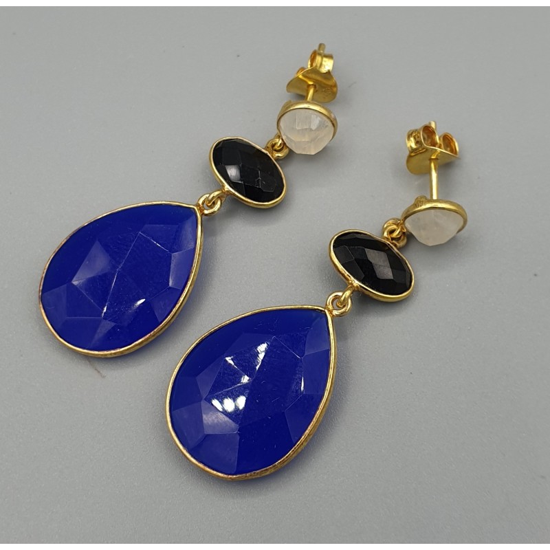 Vergulde oorbellen Chalcedoon Onyx en Maansteen